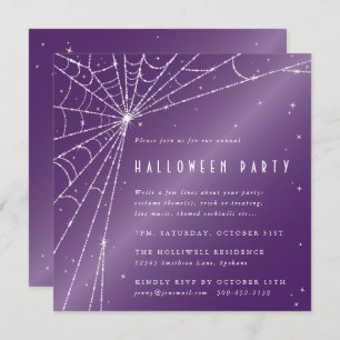 Square Purple Sparkling Spider Web Halloween Party Invitation