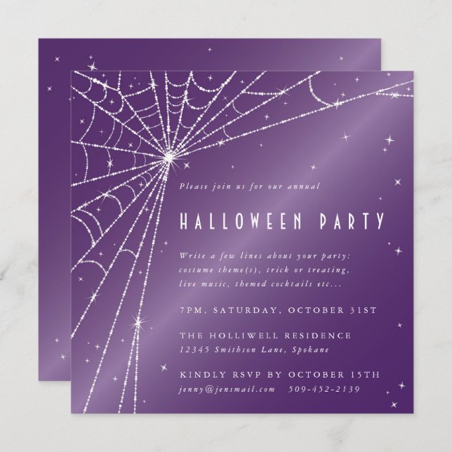Square Purple Sparkling Spider Web Halloween Party Invitation (Front/Back)