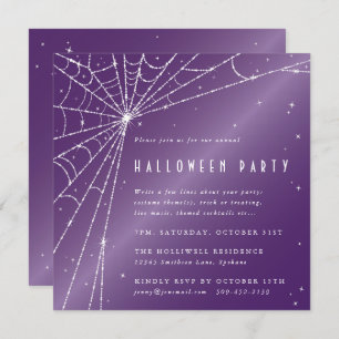 Square Purple Sparkling Spider Web Halloween Party Invitation