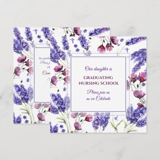 Square Purple Watercolor Flowers Graduation Invitation (Front/Back)