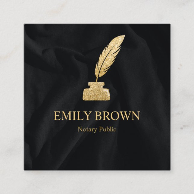 Square Quill Notary Loan Signing Agent Black Gold Square Business Card (Front)