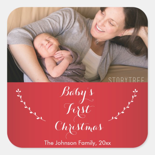 Square Red Baby's First Christmas Photo Stickers (Front)