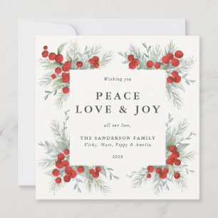 Square Red Berries Border Peace Love + Joy Holiday