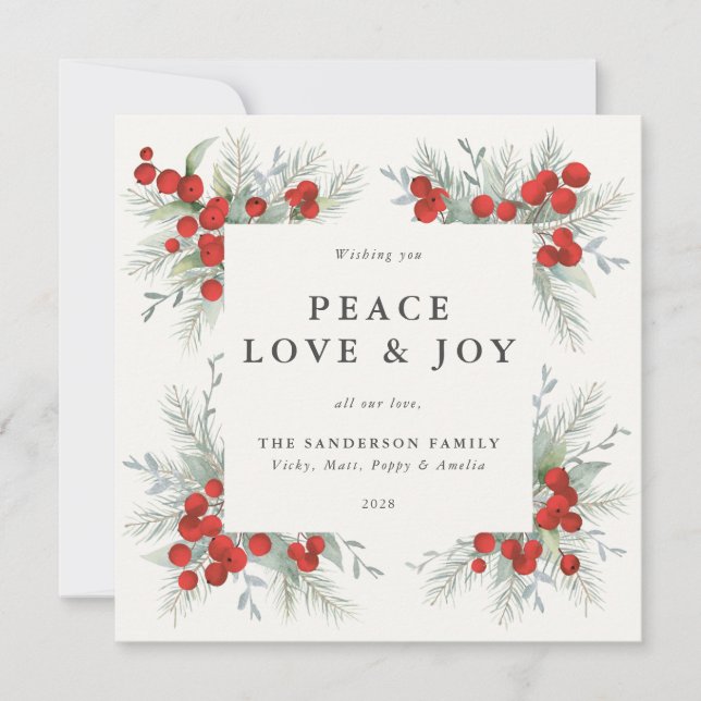 Square Red Berries Border Peace Love + Joy Holiday Card (Front)