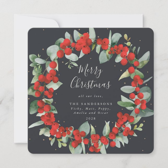 Square Red Berries + Eucalyptus Christmas Wreath Holiday Card (Front)
