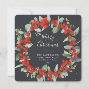 Square Red Berries + Eucalyptus Christmas Wreath Holiday Card