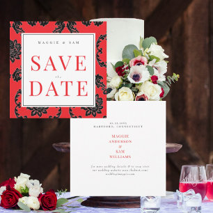 Square Red & Black Damask Wedding Save the Date 