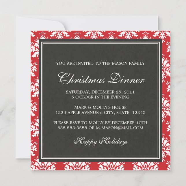 Square Red Damask Christmas Dinner Invitation (Front)
