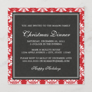 Square Red Damask Christmas Dinner Invitation