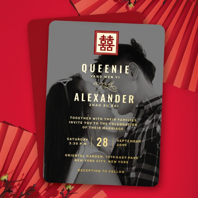 Square Red Double Happiness Photo Chinese Wedding (Red/Gold Classic Square Double Happiness Chinese Wedding Real Foil Photo Invite @ fatfatin_red_knot)