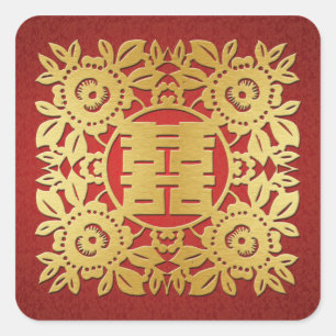 Square Red & Gold Chinese Floral Double Happiness Sticker