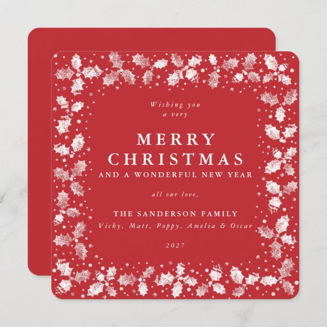 Square Red Hand Printed Holly Merry Christmas Holiday Card (Front/Back)
