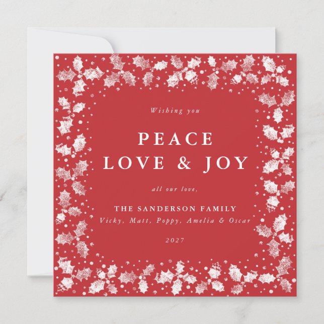 Square Red Hand Printed Holly Peace Love + Joy Holiday Card (Front)
