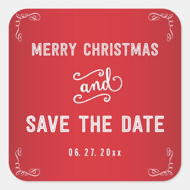 Square Red White Save The Date Christmas Stickers (Front)