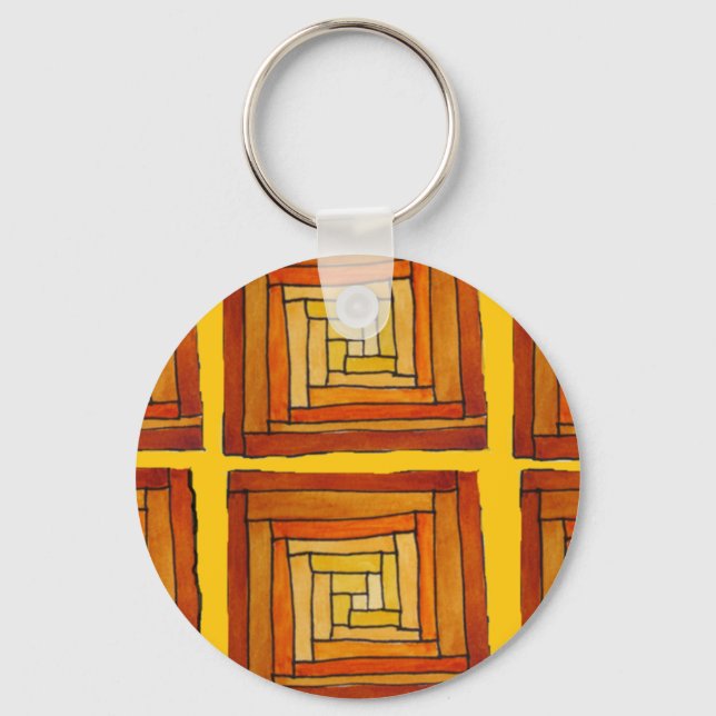 square retro art deco brown pattern key ring (Front)