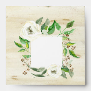 Square Return Address Boho Leaf Wreath Rose Wood Envelope