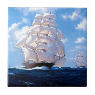 Square rigged ship at sea tile