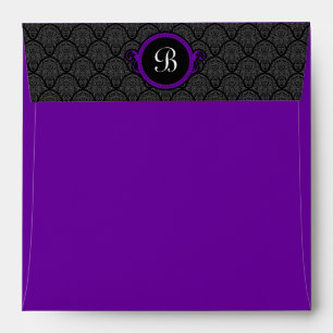 Square Royal Purple Damask Flap Monogram Envelopes