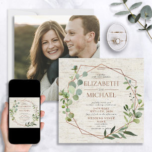 Square Rustic Copper Geometric Eucalyptus Photo Invitation
