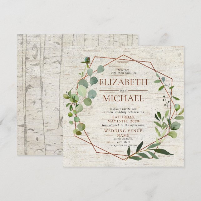 Square Rustic Copper Geometric Eucalyptus Wedding Invitation (Front/Back)