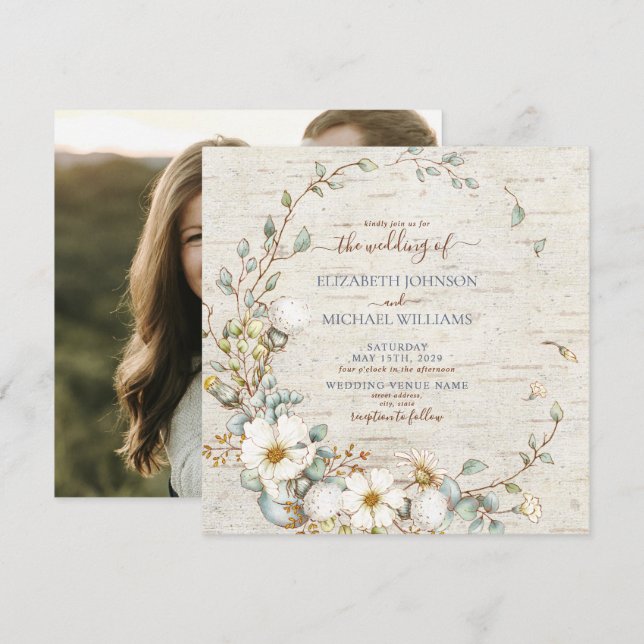 Square Rustic Dusty Blue & Cream Botanical Photo Invitation (Front/Back)