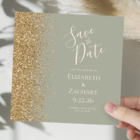 Square Sage Green Gold Glitter Save the Date