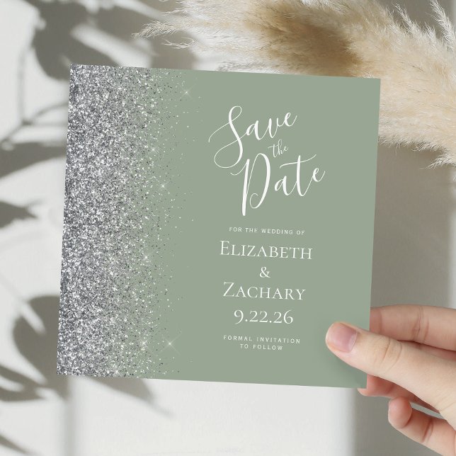 Square Sage Green Silver Glitter Save the Date Announcement (Creator Uploaded)