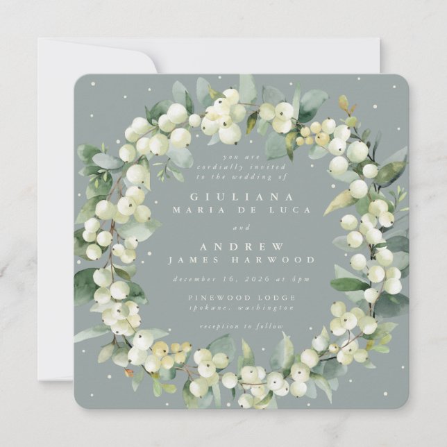 Square Seafoam Snowberry+Eucalyptus Wreath Wedding Invitation (Front)