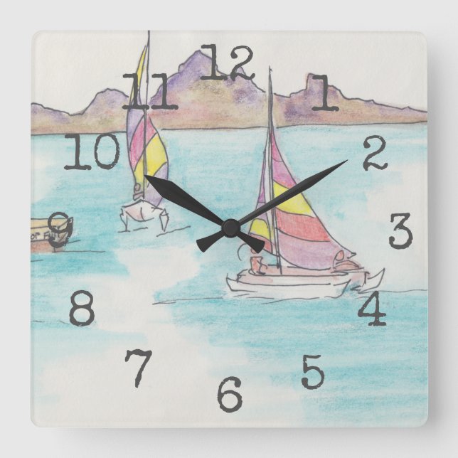 Square Shaped Clock "Watercolor Boats Fiji" (Front)