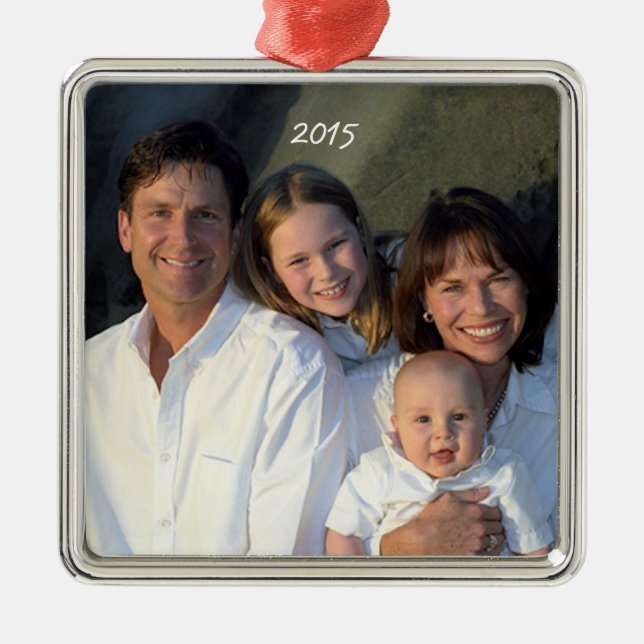 Square Silver Christmas Family Photo Ornament (Front)