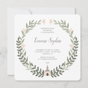 Square Soft Blush Floral Wreath Baptism Invitation