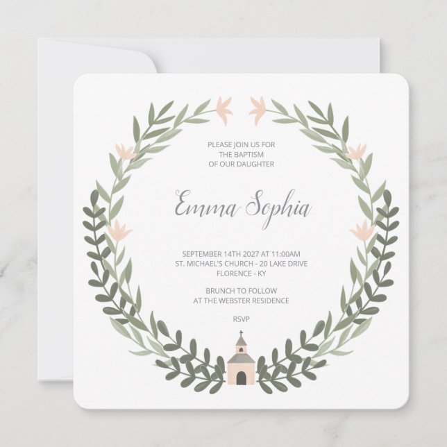 Square Soft Blush Floral Wreath Baptism Invitation (Front)
