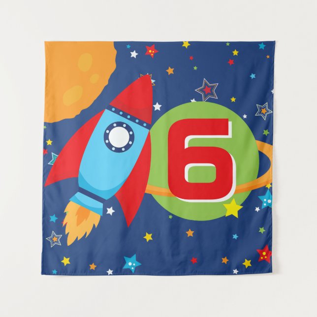 Square Space Rocket Ship Birthday Age Background Tapestry (Front)