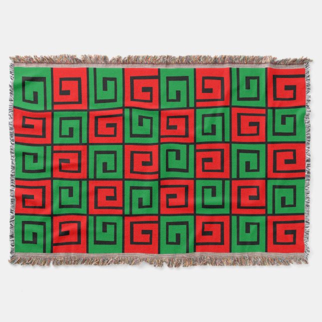 Square Spirals - Red and Green on Black Throw Blanket (Front)