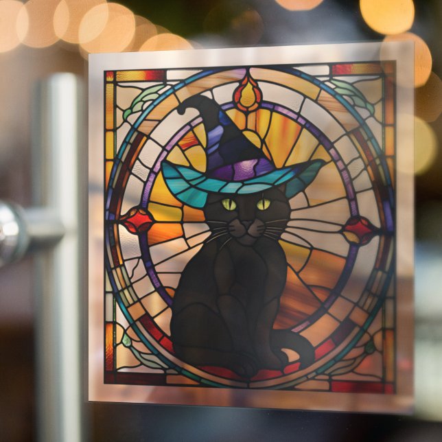 Square Stained Glass Black Cat Halloween Decor Window Cling (Square peel off window cling (works on mirrors too))