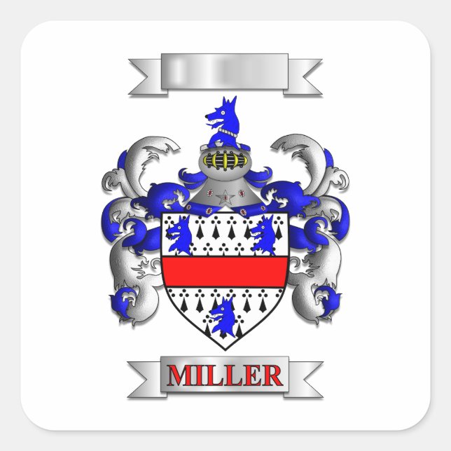 Square Sticker Miller Family Surname And Shield (Front)
