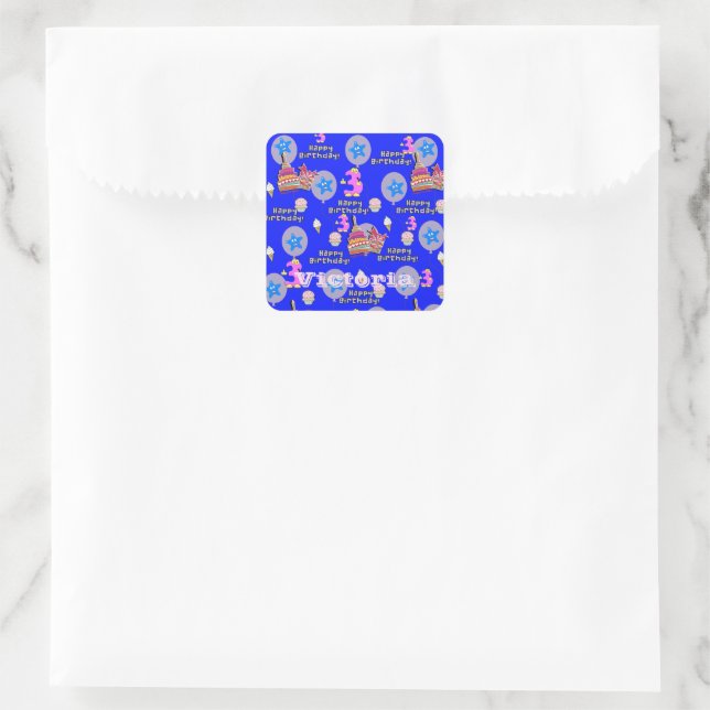 Square Stickers, #3 Happy 3rd Birthday Blue Square Sticker (Bag)