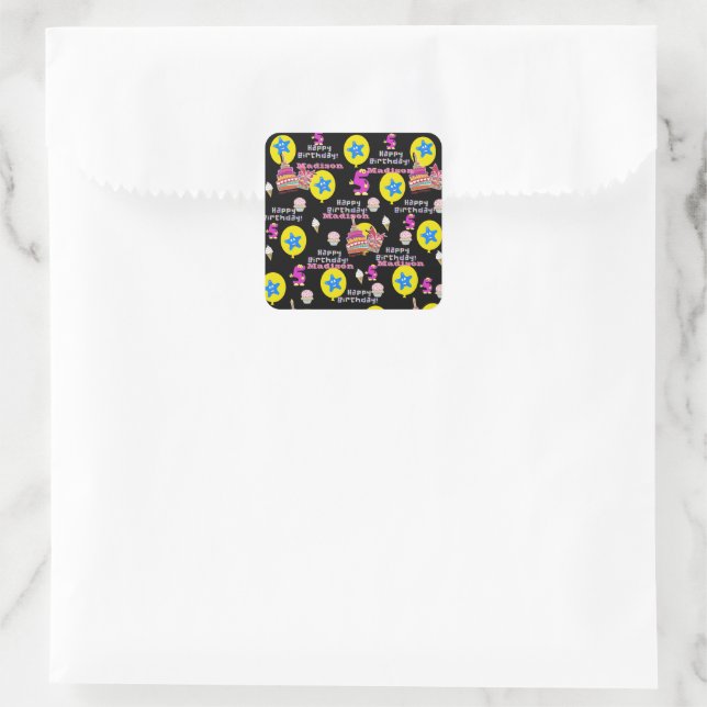 Square Stickers, #5 Happy 5th Birthday Black Sticker (Bag)