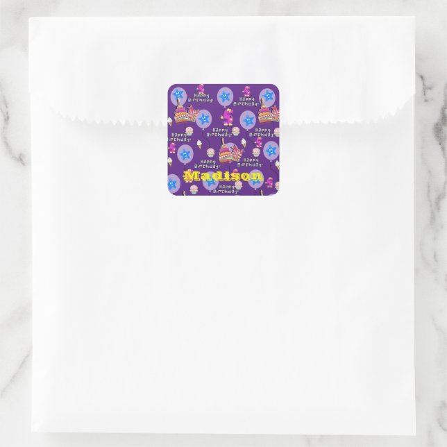 Square Stickers, #5 Happy 5th Birthday Purple Square Sticker (Bag)