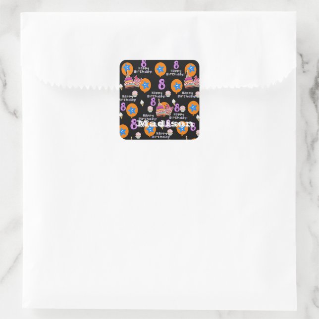 Square Stickers, #8 Happy 8th Birthday Black Square Sticker (Bag)