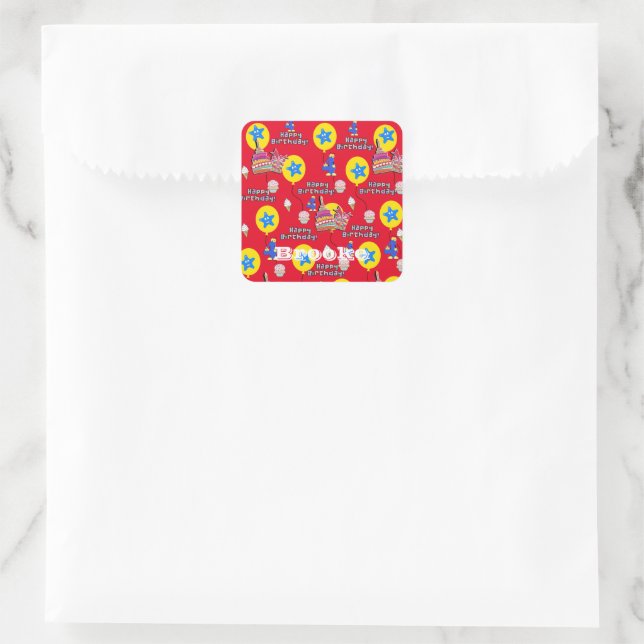 Square Stickers, Happy 4th Birthday Red Sticker (Bag)