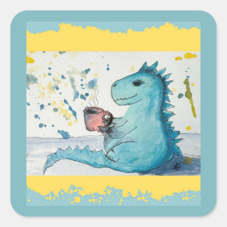 Square Stickers of a Dinosaur Drinking Coffee