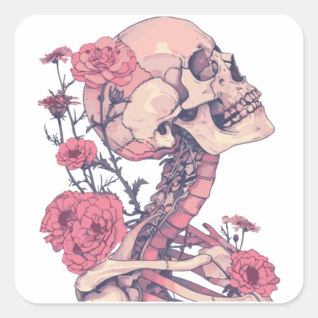 Square Stickers. Skeleton with flowers. Pink color Sticker (Front)
