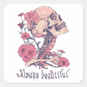 Square Stickers. Skeleton with flowers. Pink color Sticker