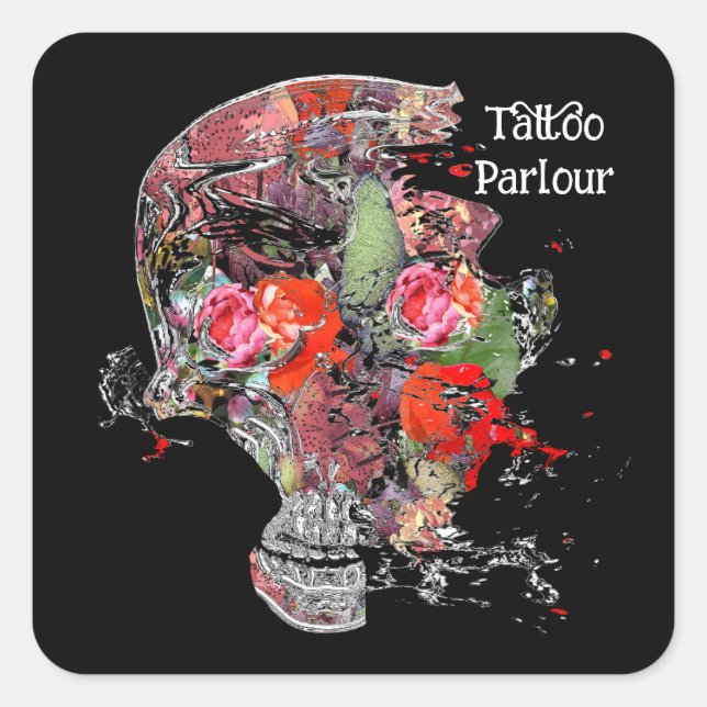 Square Stickers Tattoo parlour skull floral (Front)