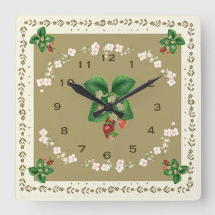 Square Strawberry Clock Loden Green Background