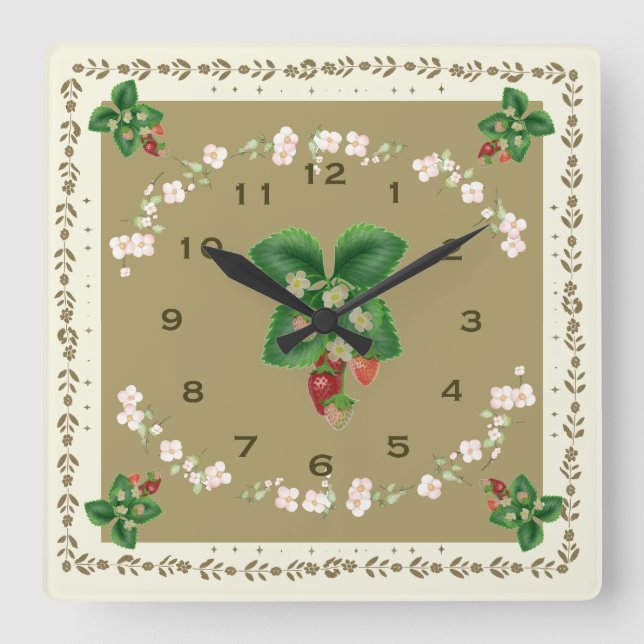 Square Strawberry Clock Loden Green Background (Front)