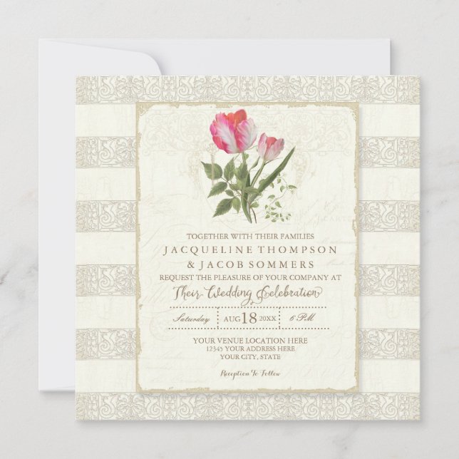 Square Striped Elegant Vintage Garden Floral Invitation (Front)