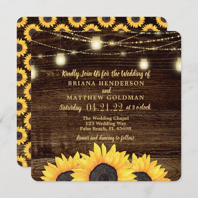 Square Sunflower Mason Jar Wedding Invitations (Front/Back)