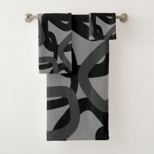 Square Tangle Jet Black Charcoal Grey Bath Towel Set